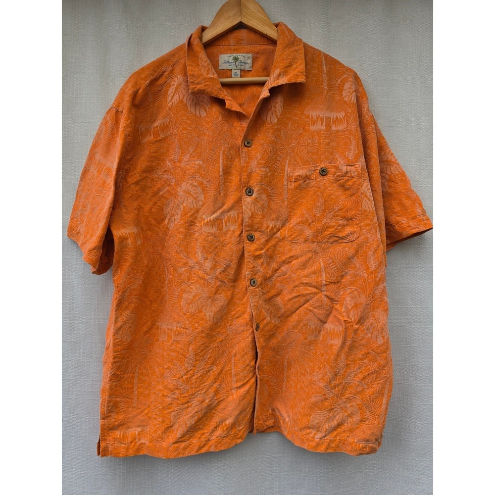 Island Shores Mens XL Orange 100% Washable Silk Tropical Palm Tiki Camp Shirt